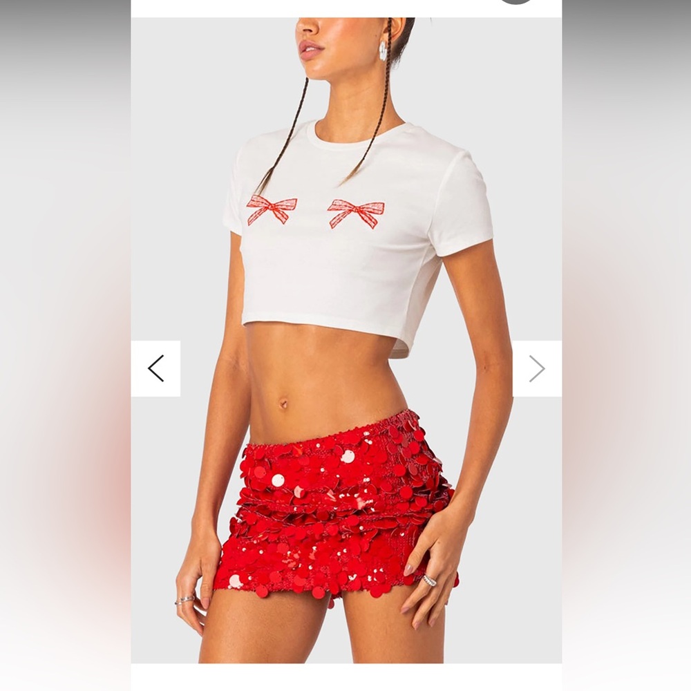 Edikted Red Sequin Embellished Bubble Mini Skirt
